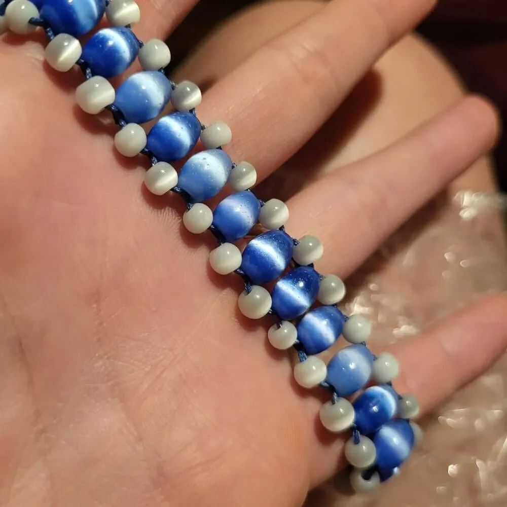 Handmade Tigers Eye Blue and White Beaded Bracelet